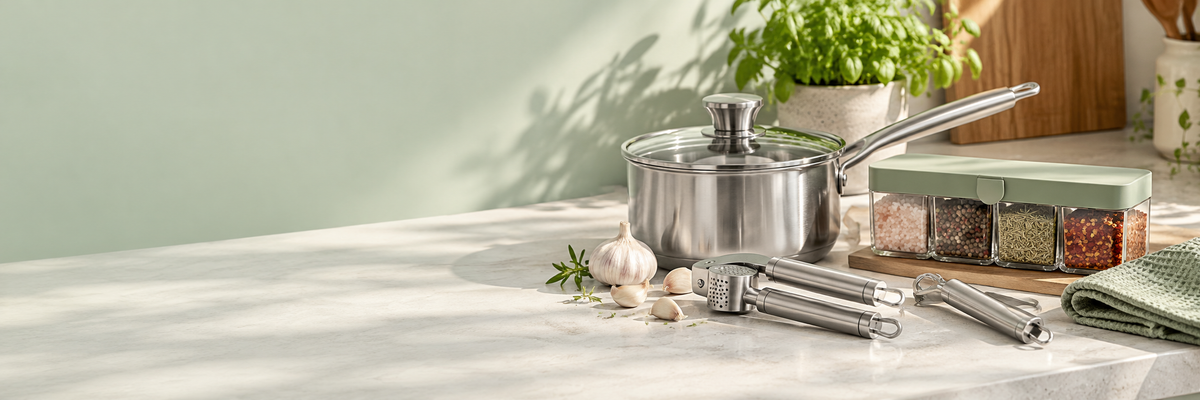 Kitchen and home essentials in a sunlit sage kitchen